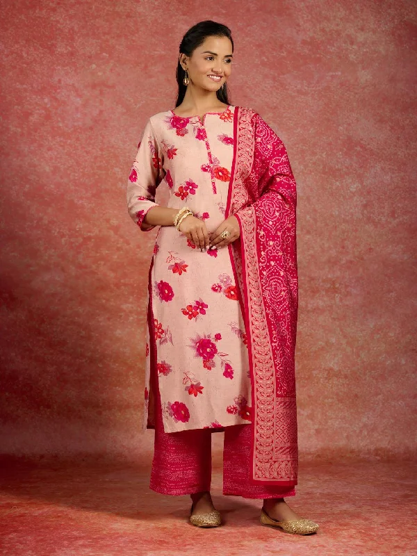 Women's Jumpsuits with Keyhole CollarPink Printed Silk Blend Straight Suit With Dupatta