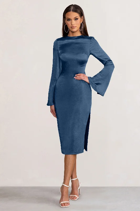 Women's High Collar DressesLaura | Navy Satin Long-Sleeve Midi Dress