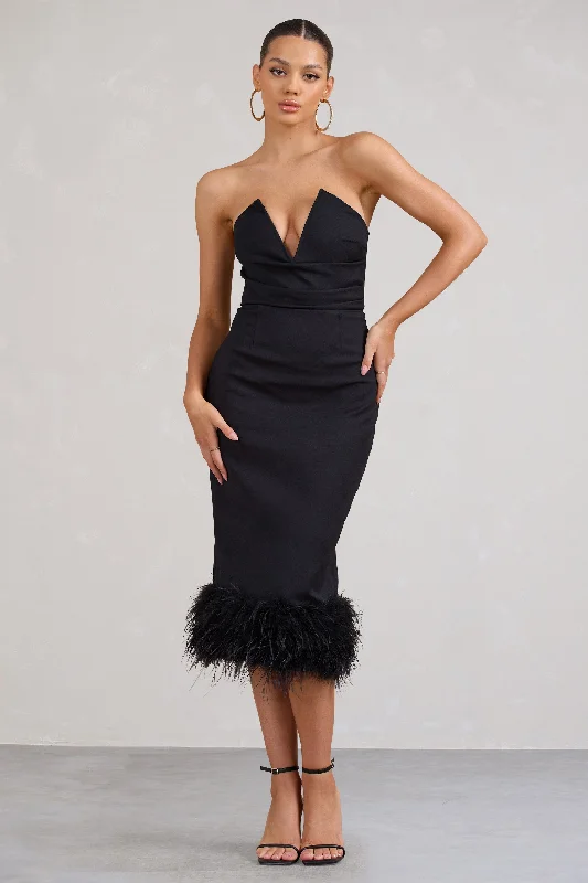 Women's Collarless DressesKensington | Black Bodycon Midi Dress With Statement Feather Trim