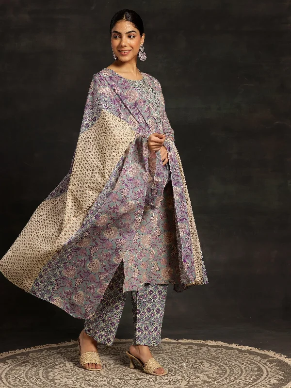 Women's Jumpsuits with Rounded CollarBlue Printed Cotton Straight Suit With Dupatta