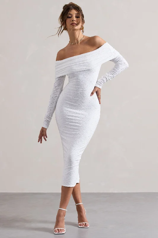 Women's Wide Collar DressesEmmeline | White Knitted Broderie Bardot Midi Dress