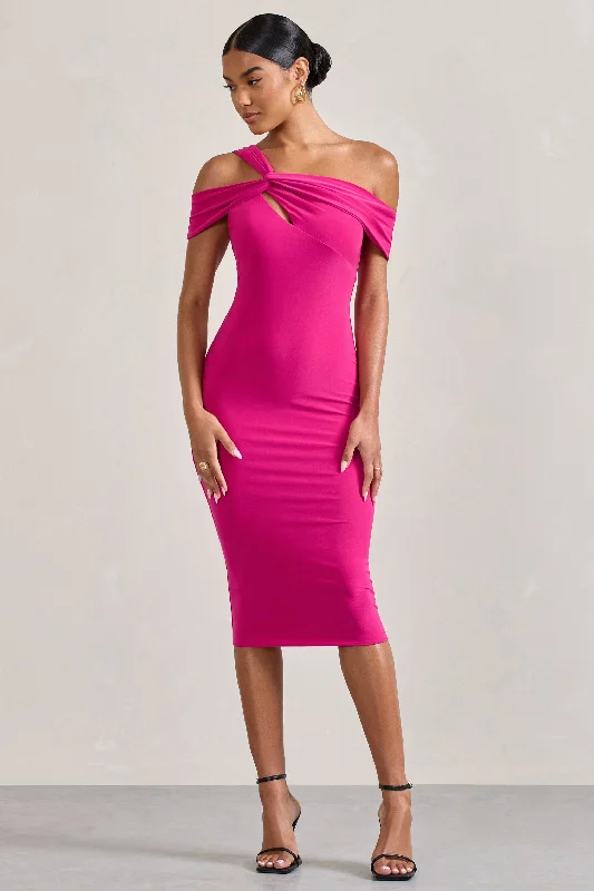 Women's Shawl Collar DressesChain Reaction | Fuchsia Pink Strappy Asymmetric Bodycon Midi Dress