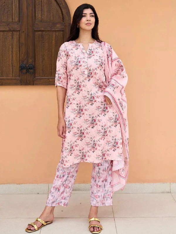 Women's Jumpsuits with Notched CollarPeach Printed Cotton Straight Suit With Dupatta