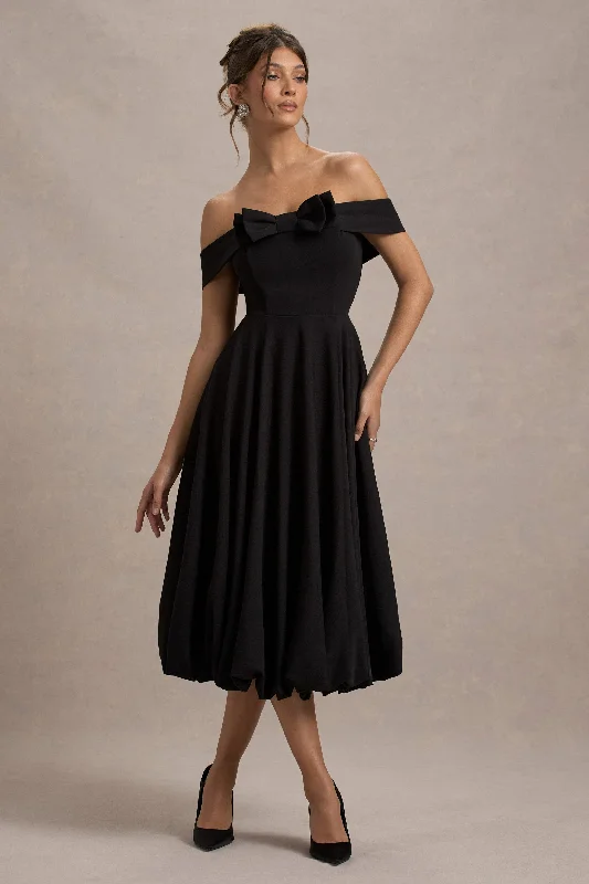 Women's Off-Shoulder DressesCalliopia | Black Bow Bardot Midi Dress With Puff-Ball Skirt