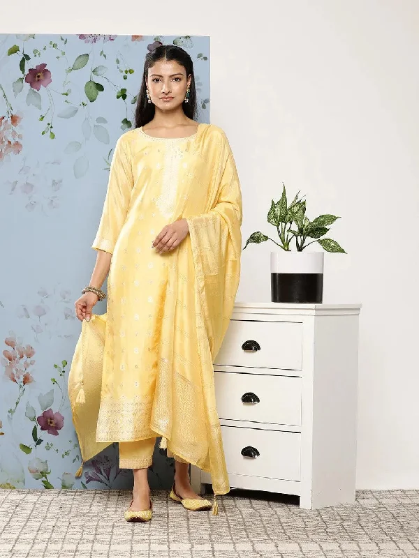 Women's Jumpsuits with U-Shaped CollarYellow Self Design Silk Blend Straight Kurta With Trousers & Dupatta