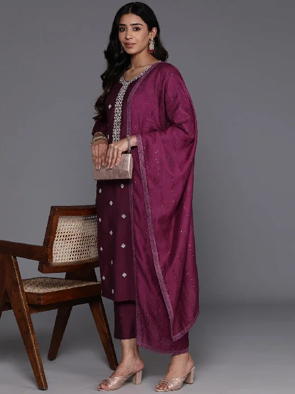 Women's Jumpsuits with Short LengthWine Embroidered Silk Blend Straight Suit With Dupatta