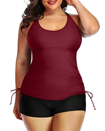 Pushup Bra Tighten Drawstring Plus Size Tankini Swimsuit-Maroon