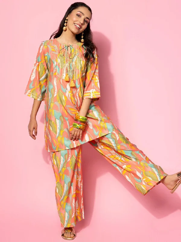 Women's Jumpsuits with Notched CollarCoral Printed Silk Blend Co-Ords