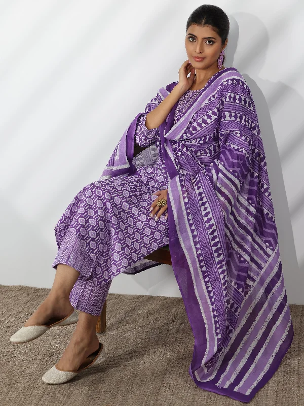 Women's Jumpsuits with Elastic WaistPurple Printed Cotton Straight Suit With Dupatta