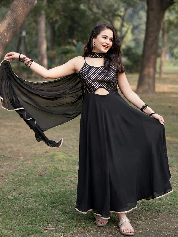 Women's Jumpsuits with Skinny LegBlack Embroidered Georgette A-Line Kurta With Trousers & Dupatta