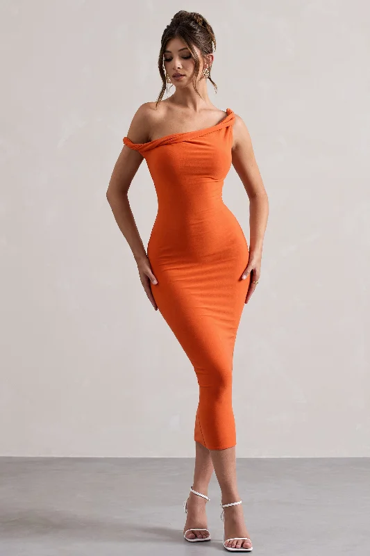 Women's Collarless DressesSalome | Orange Twisted Asymmetric Midi Dress