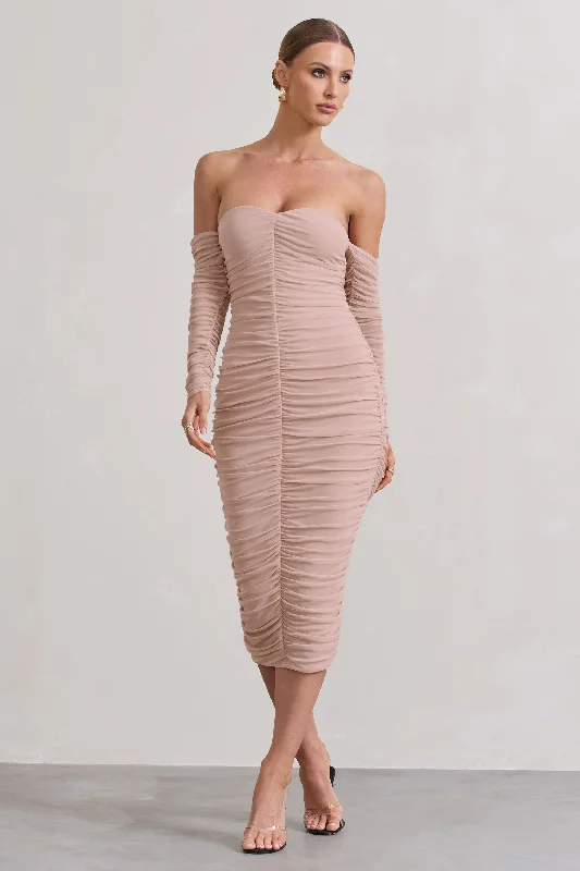 Women's Narrow Collar DressesIndy | Champagne Ruched Strapless Long-Sleeve Midi Dress