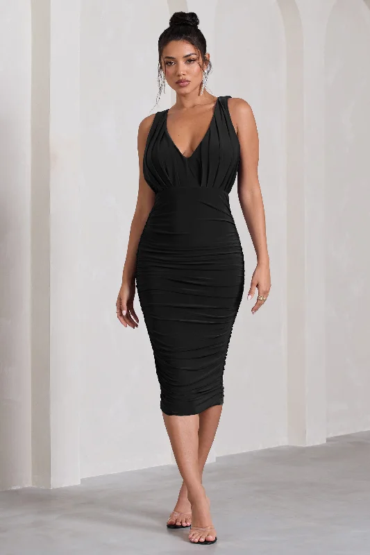 Women's Boat-Neck DressesMarlowe | Black Ruched Plunge Sleeveless Midi Dress