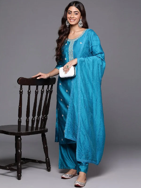 Women's Jumpsuits with Peter Pan CollarBlue Embroidered Silk Blend Straight Suit With Dupatta