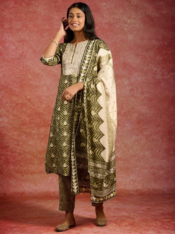 Women's Jumpsuits with Mandarin CollarGreen Printed Silk Blend Straight Suit With Dupatta