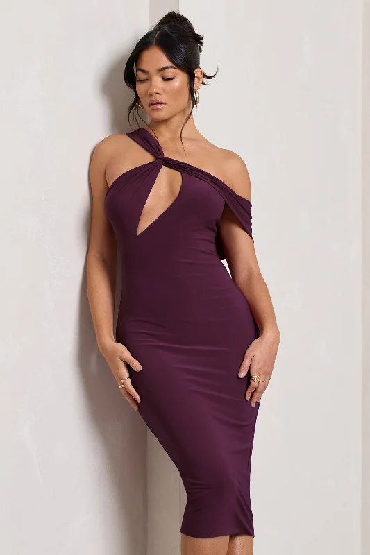 Women's Collarless DressesElla | Plum Asymmetric Neck Cut Out Midi Dress