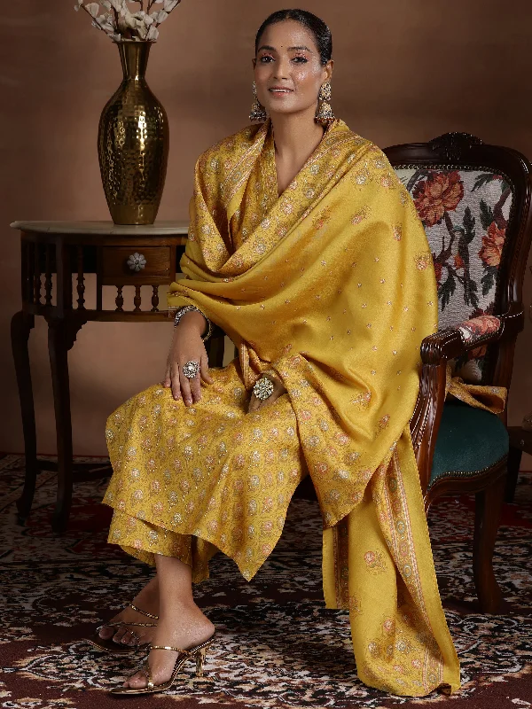 Women's Jumpsuits with Notched CollarMustard Printed Silk Blend Straight Suit With Dupatta