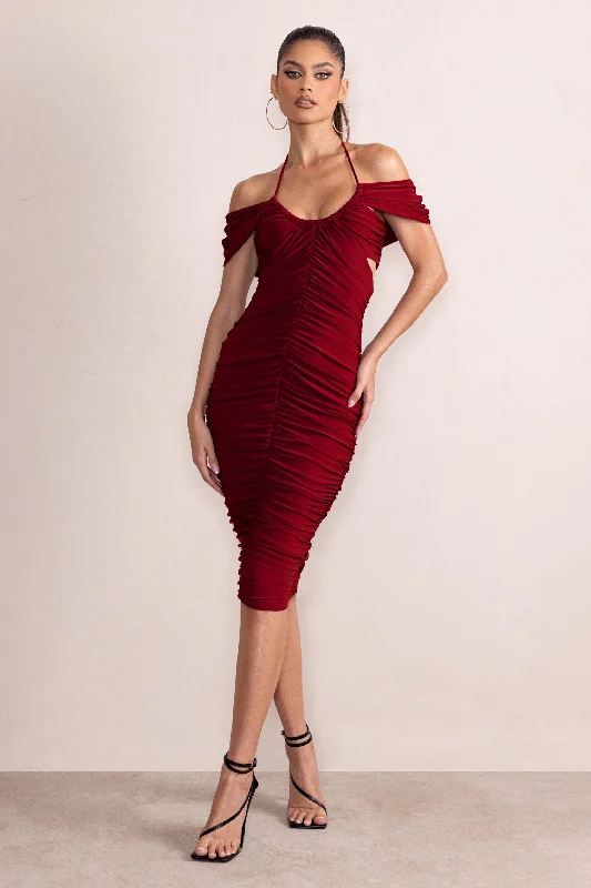 Women's Rounded-Neck DressesDulcie | Burgundy Halter Neck Cut Out Ruched Midi Dress