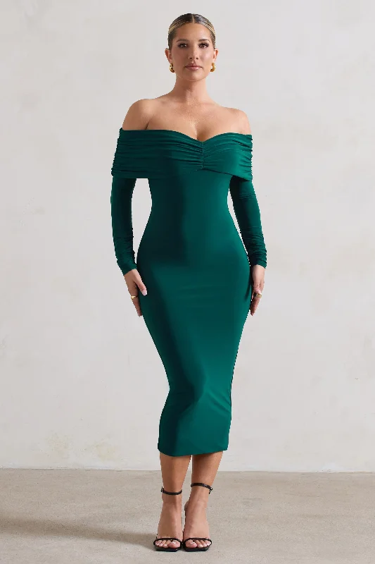 Women's Keyhole Collar DressesMarcella | Bottle Green Bodycon Bardot Midi Dress