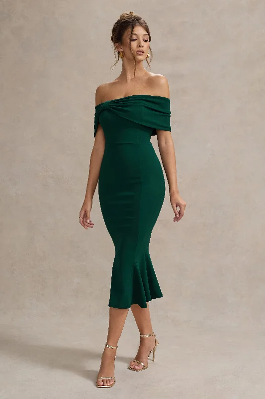 Women's Notched Collar DressesLydia | Bottle Green Bardot Bow Detail Midi Dress