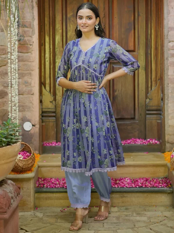 Women's Jumpsuits with Keyhole CollarPurple Printed Georgette A-Line Kurta With Salwar