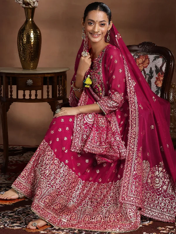 Women's Jumpsuits with Collarless DesignPink Printed Organza Anarkali Suit With Dupatta