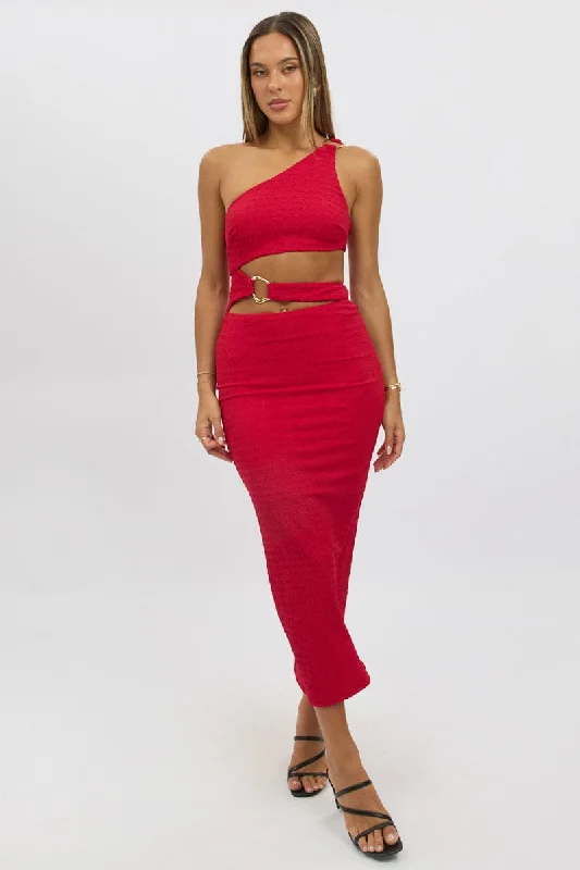 Women's Collarless DressesRed Bodycon Dress One Shoulder Textured