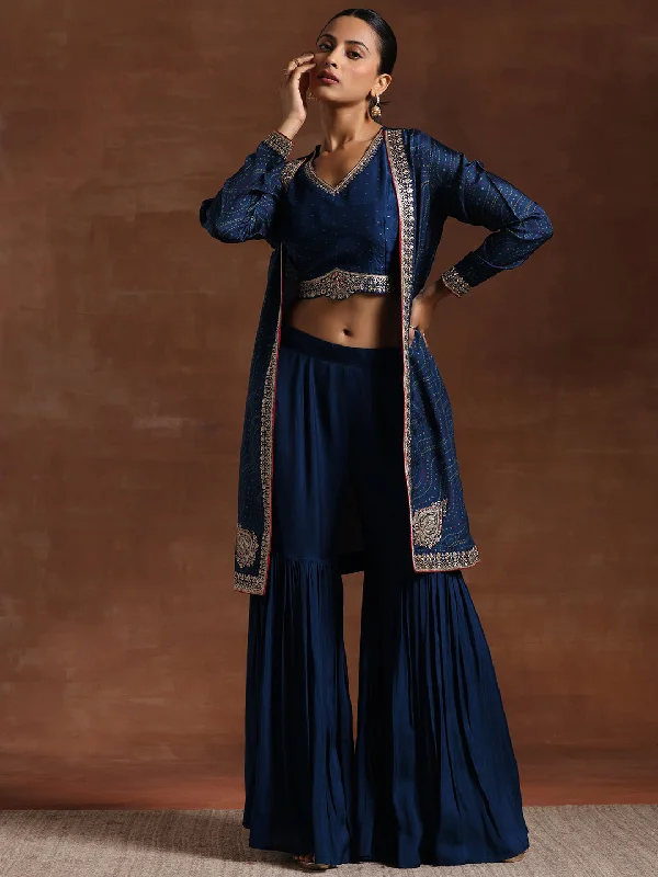 Women's Jumpsuits with Keyhole CollarBlue Embroidered Silk Blend Co-Ords