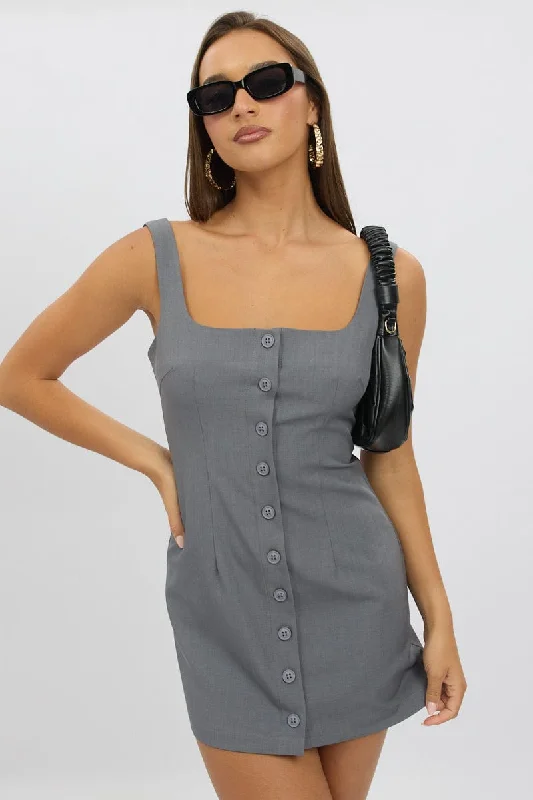 Women's Cap-Sleeve DressesGrey Mini Dress Square Neck Button Down