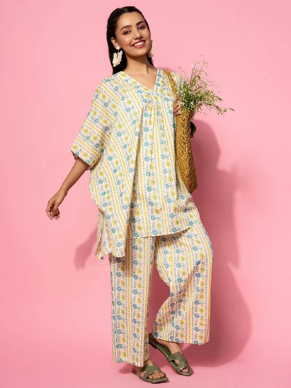 Women's Jumpsuits with Lapel CollarCream Printed Cotton Co-Ords