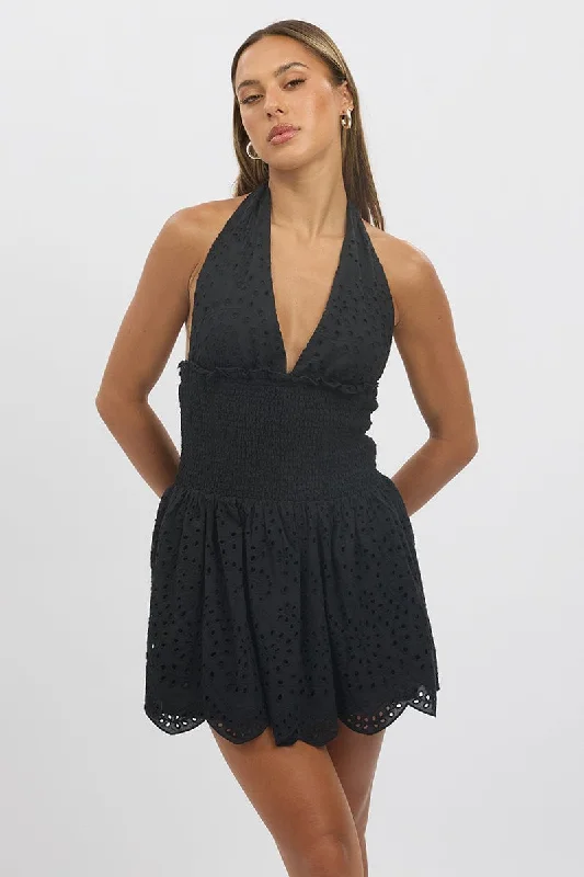 Women's V-Neck DressesBlack Halter Neck Dress Mini Eyelet Fabric