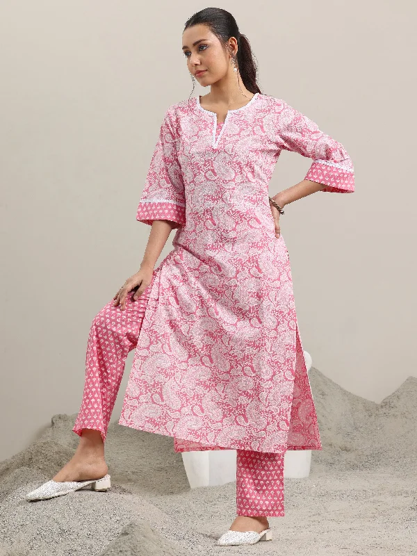 Women's Jumpsuits with Collarless NeckPink Printed Cotton Straight Kurta With Trousers