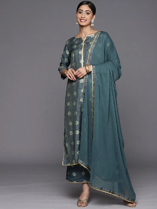 Women's Jumpsuits with V-Shaped CollarGrey Printed Silk Blend Straight Kurta With Palazzos & Dupatta