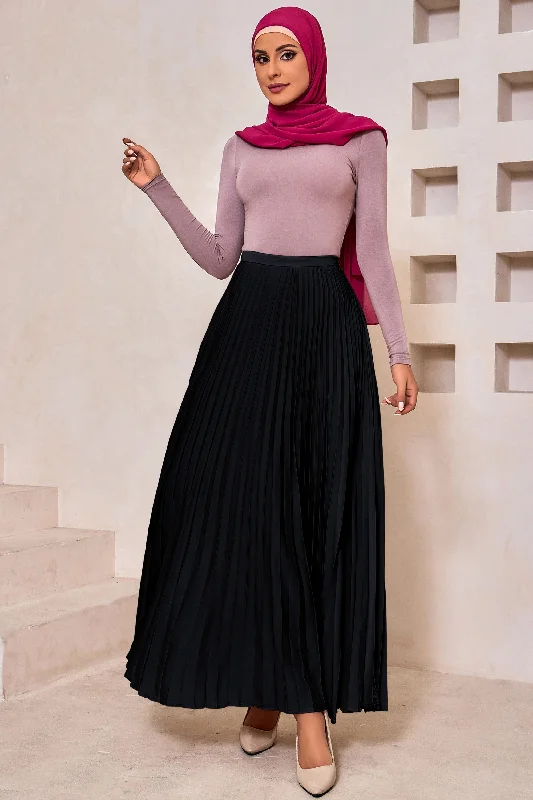 Women's Modern SkirtsBlack Satin Pleated Maxi Skirt-Preorder