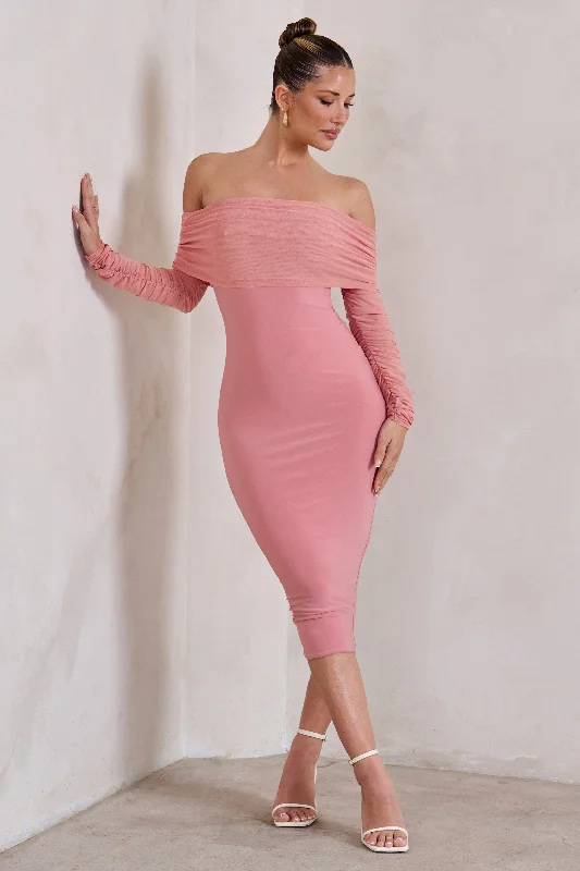 Women's Short-Sleeve DressesOnly You | Powder Pink Ruched Mesh Bardot Midi Dress