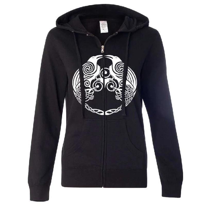 Women's Hooded Sweatshirts with Microfiber LiningDual Raven White Print Ladies Zip-Up Hoodie