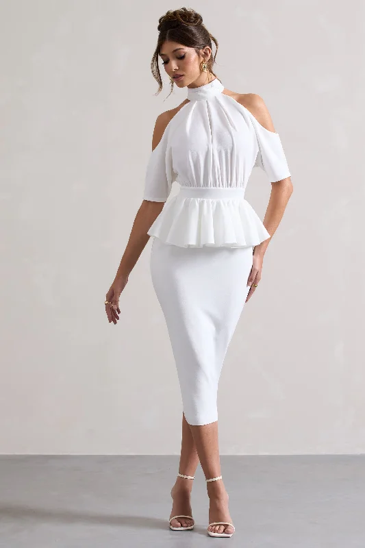 Women's Square Collar DressesYves | White High-Neck Cut-Out Midi Dress With Peplum Waist