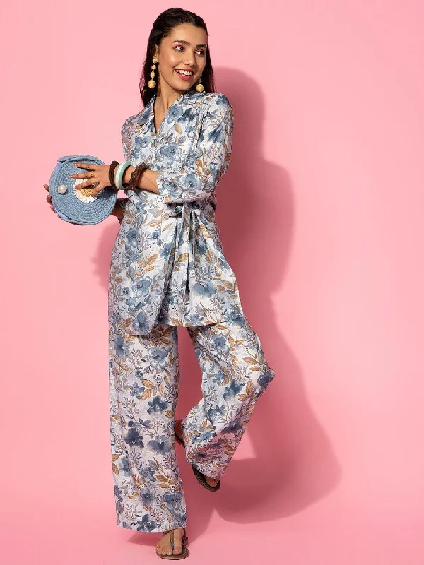 Women's Jumpsuits with Narrow CollarGrey Printed Silk Blend Co-Ords