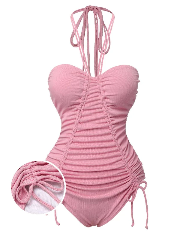 Pink 1950s Halter Pleated Solid One-Piece Swimsuit