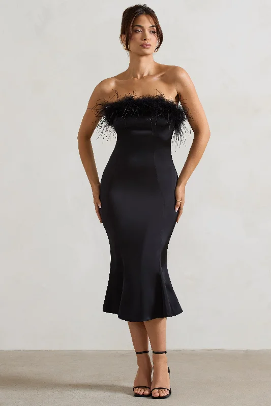 Women's Low Collar DressesOne And Only | Black Satin Feather Trim Midi Dress