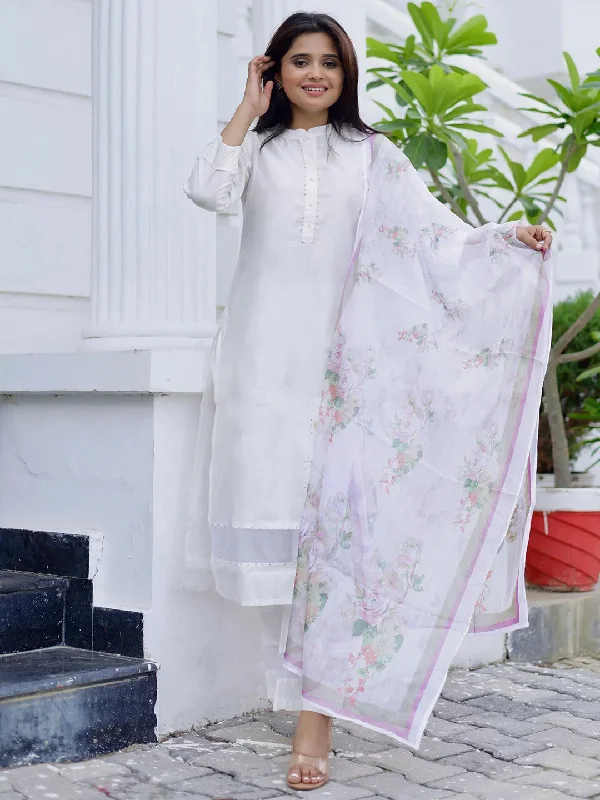 Women's Jumpsuits with PocketsOff White Self Design Silk Blend Straight Suit With Dupatta