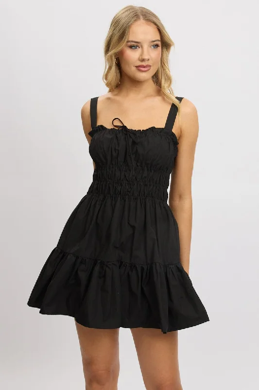 Women's Square Collar DressesBlack Fit And Flare Dress Mini Poplin