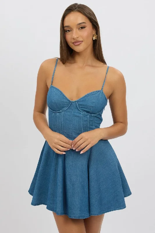 Women's Keyhole Collar DressesBlue Fit And Flare Dress Mini