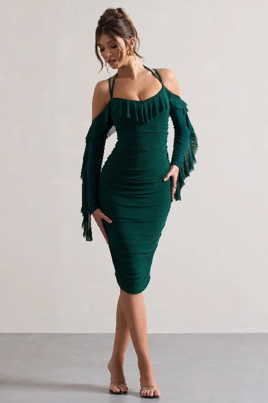 Women's Wrap DressesQuinn | Bottle Green Ruched Strappy Long-Sleeved Midi Dress With Ruffles