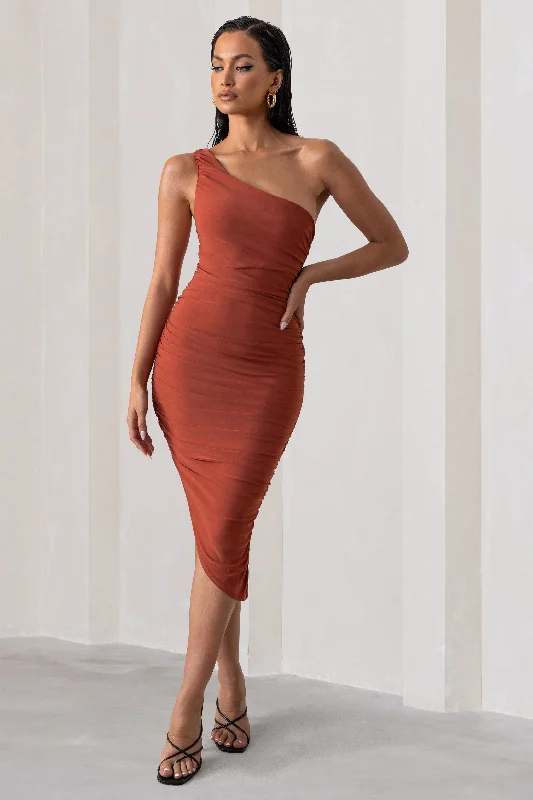 Women's V-Back DressesLate Night | Rust Asymmetric One Shoulder Ruched Midi Dress