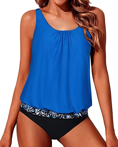 Loose Fit Swimwear Blouson Tankini For Women-Bright Blue And Black Floral