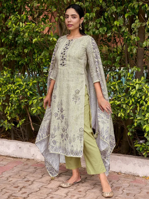 Women's Jumpsuits with Boat CollarGreen Printed Cotton Straight Suit With Dupatta