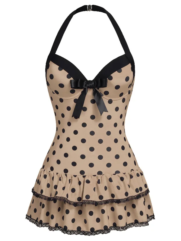 Brown 1940s Halter Polka Dots Bow Swimsuit