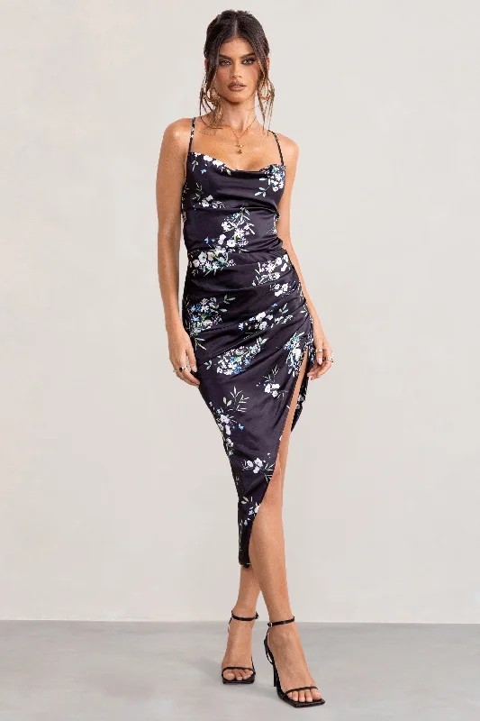 Women's Round-Neck DressesRisk It All | Black Floral Print Cowl Neck Satin Asymmetric Hem Midi Dress