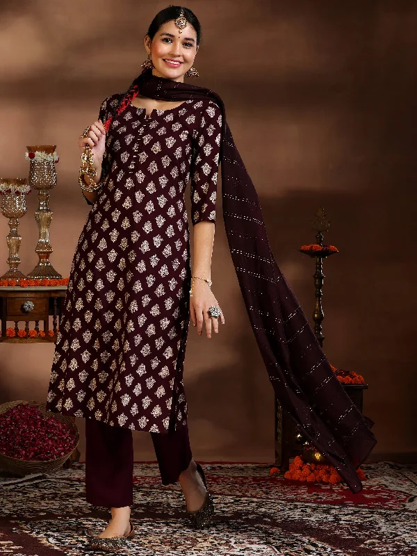 Women's Jumpsuits with Low WaistBurgundy Printed Silk Blend Straight Suit With Dupatta